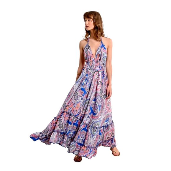 Molly Bracken Ladies Woven Long Backless Dress Multicolor Paisley XL Ruffle Hem - Picture 5 of 10